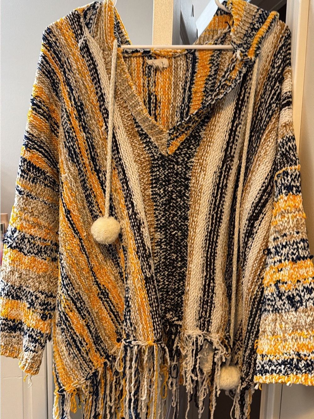 POL Hooded Striped Poncho Sweater in Yellow, Black & Cream - Picture 4 of 4